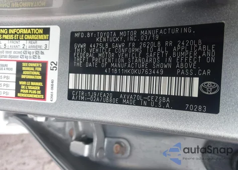 2019 Toyota Camry Se z USA, uszkodzony, nr VIN 4T1B11HK0KU763449